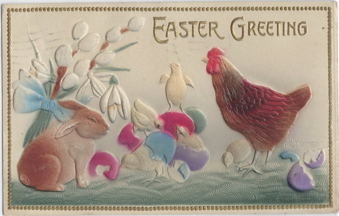 Easter Postcard Baby Chicks with Rooster & Bunny Rabbit Airbrush Painted