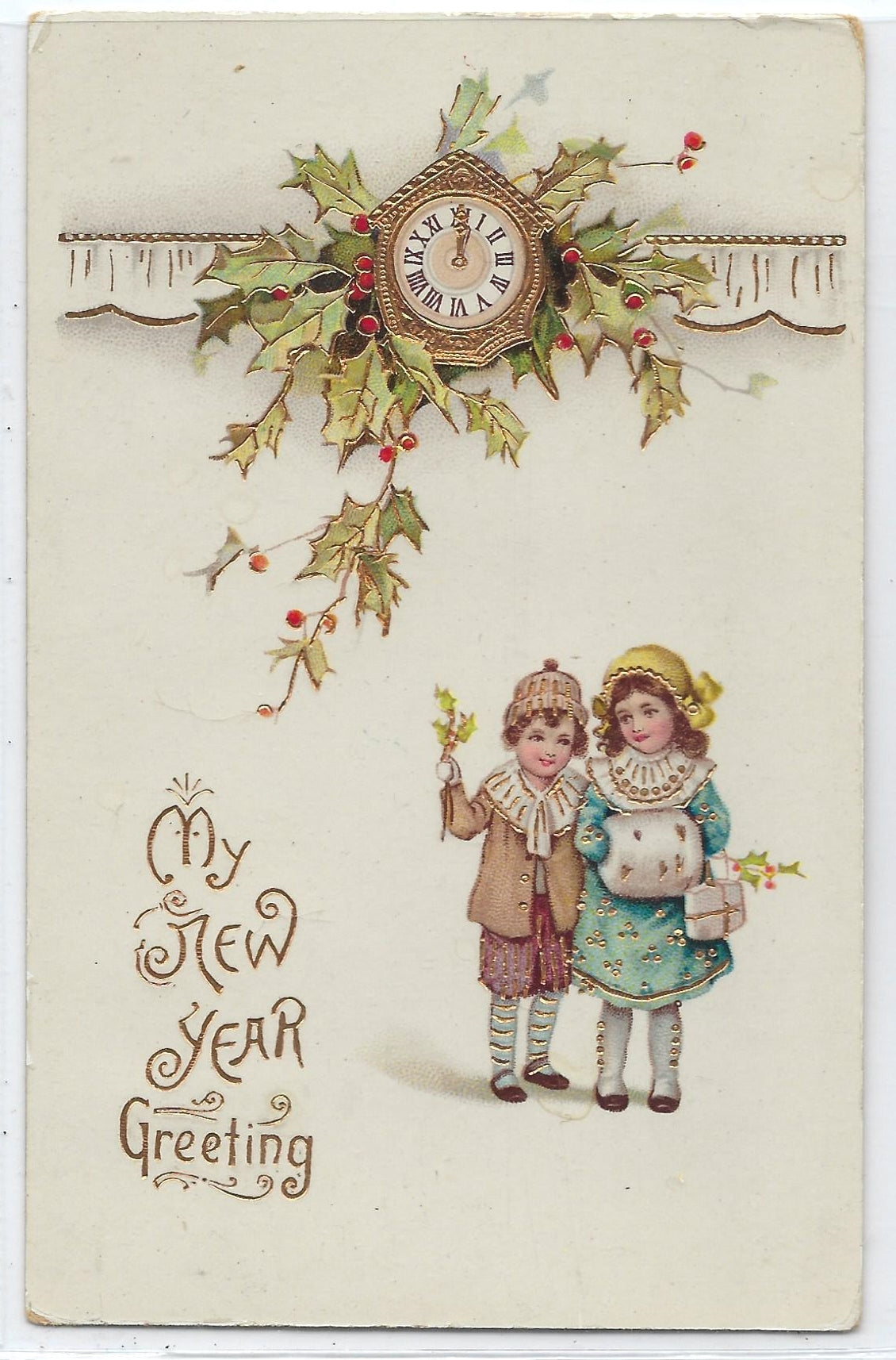 Gold Embossed New Year Postcard Children with Clock Series 7508