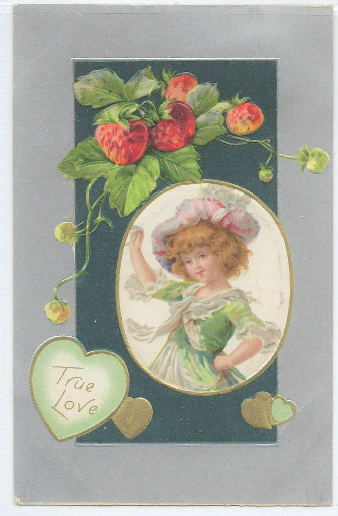 John Winsch Valentine Postcard Young Girl with Strawberries Silver Background