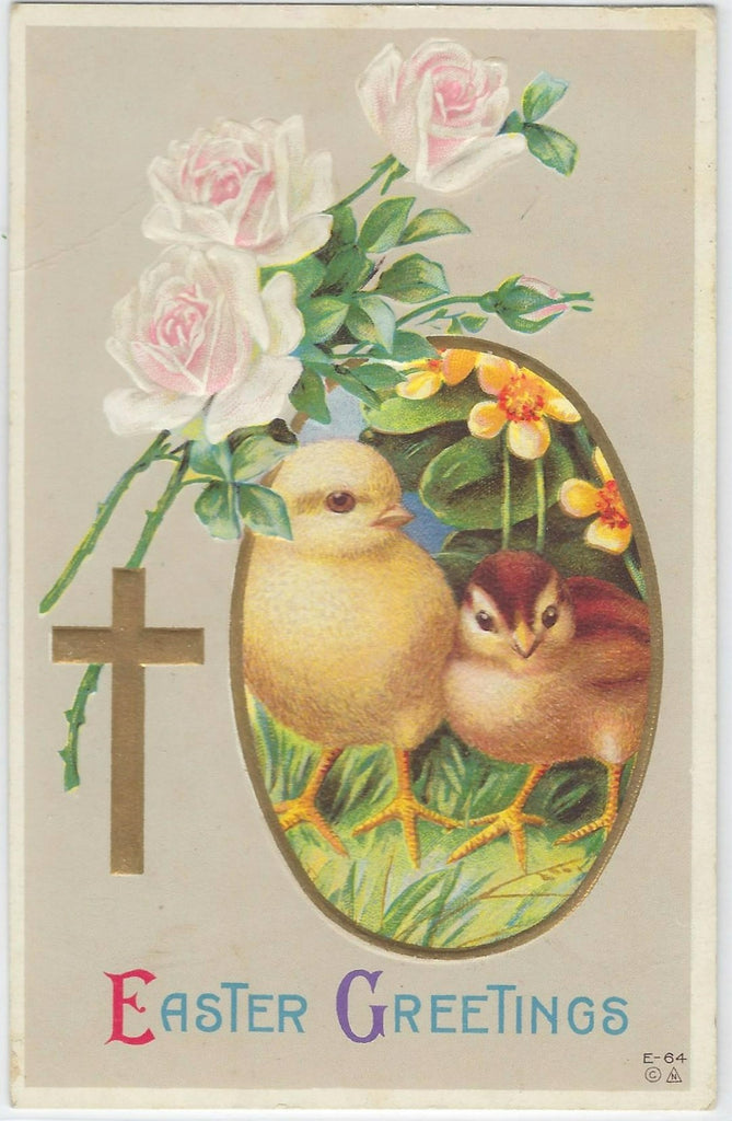 Easter Postcard Baby Chicks with Pink Rose Embossed Gold Cross Holiday Post Card E-64