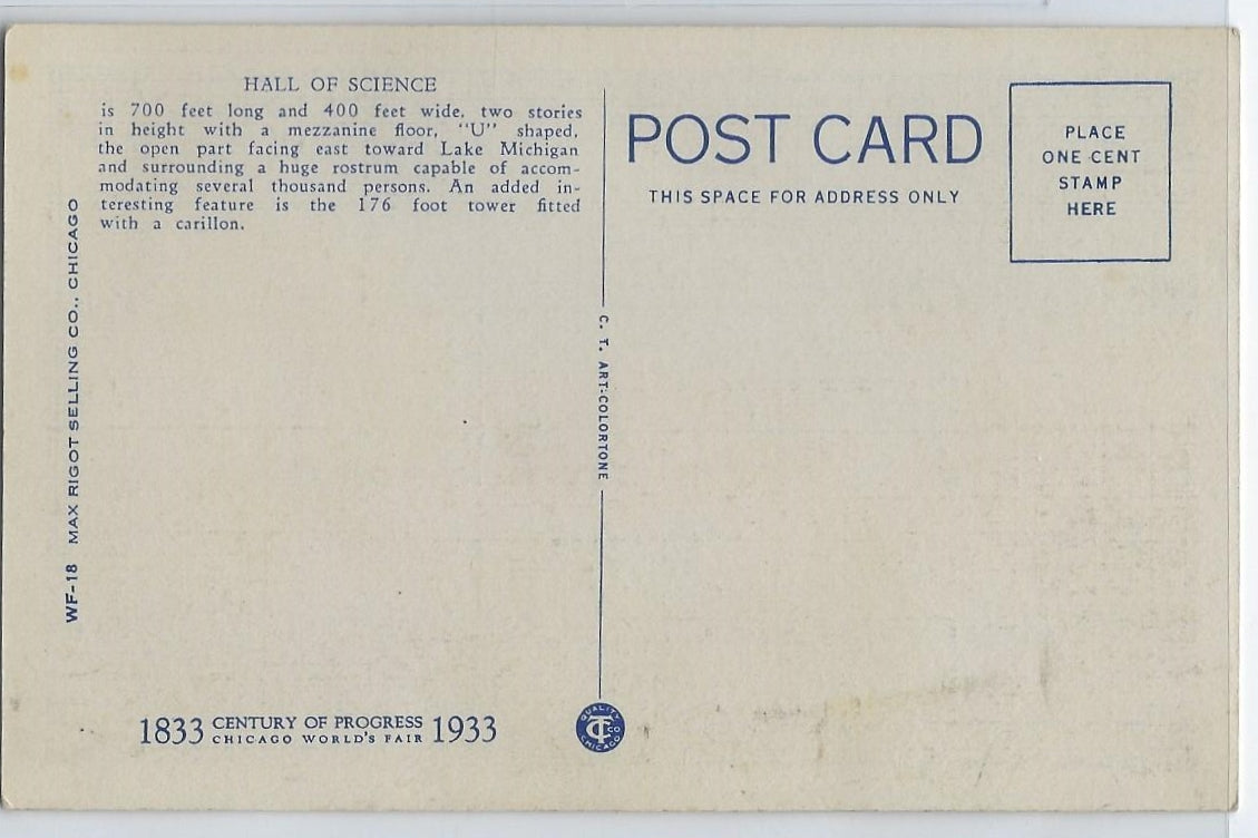 Exposition Postcard 1933 Chicago World Fair Century of Progress Linen Card WF-18 Hall of Science