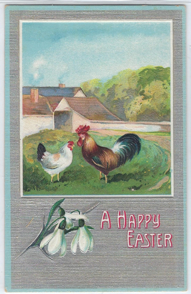 Easter Postcard Rooster Chicken in Lawn Silver Foil Background Series 355