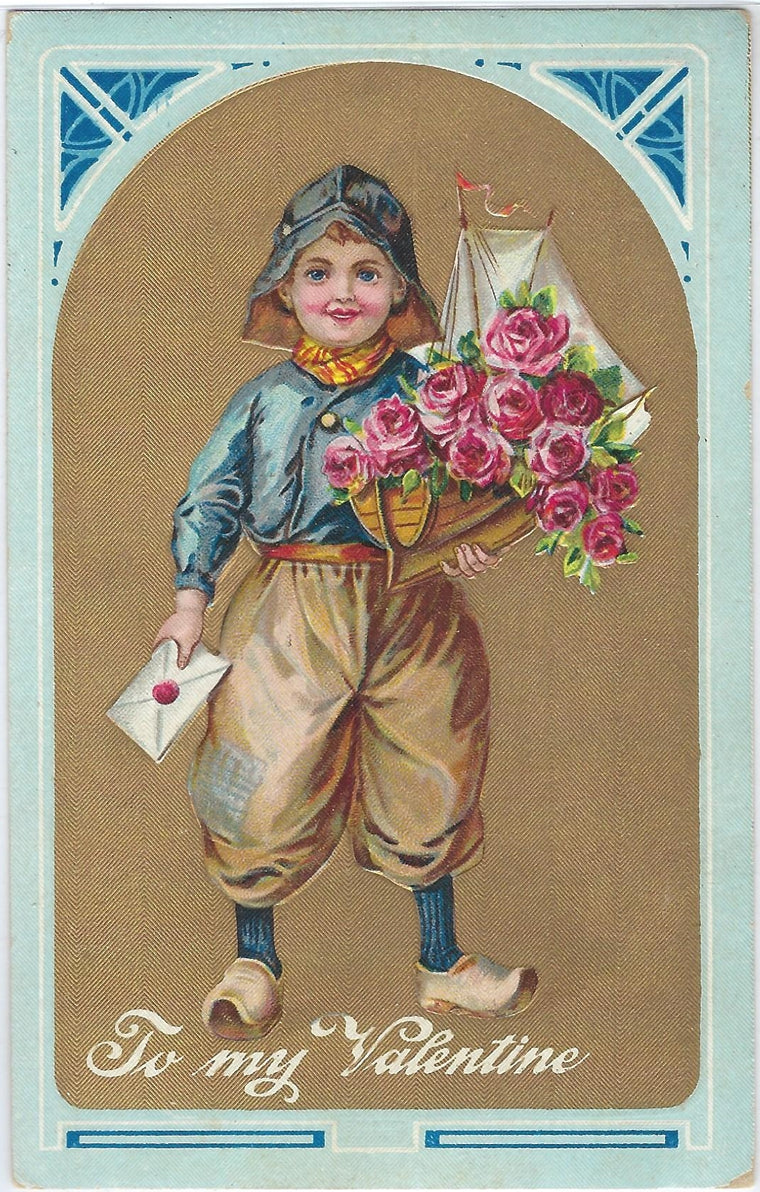 Valentine Postcard Dutch Boy Holding Sailboat with Flowers Gold Foil Background Series 8093