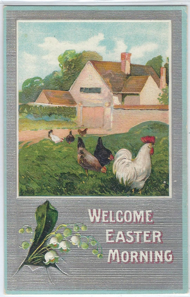 Easter Postcard Chickens in Farmyard Lawn Silver Foil Background Series 355