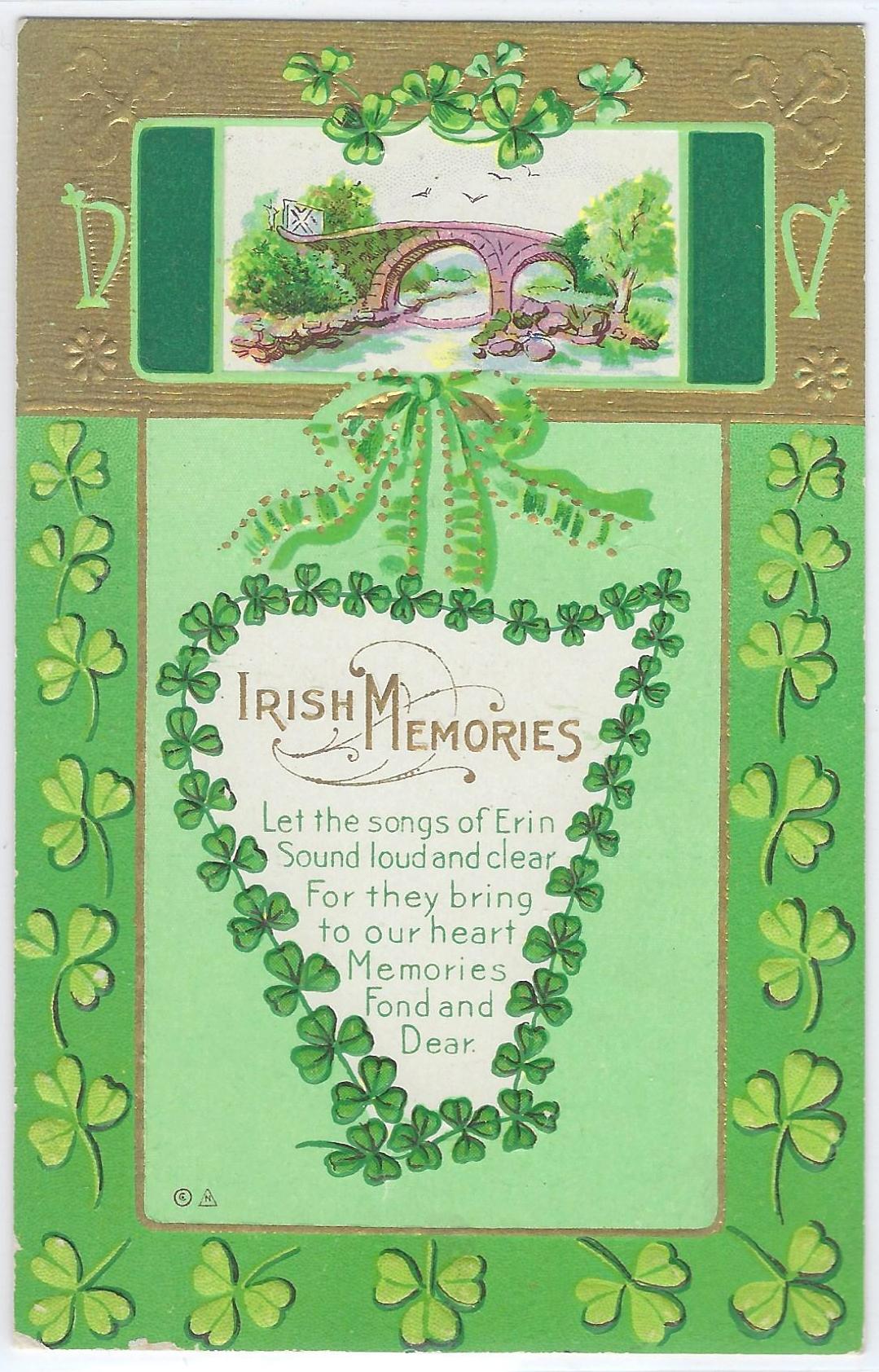 Saint Patrick's Day Postcard Embossed Irish Memories Poem Gold Top Shamrock Border
