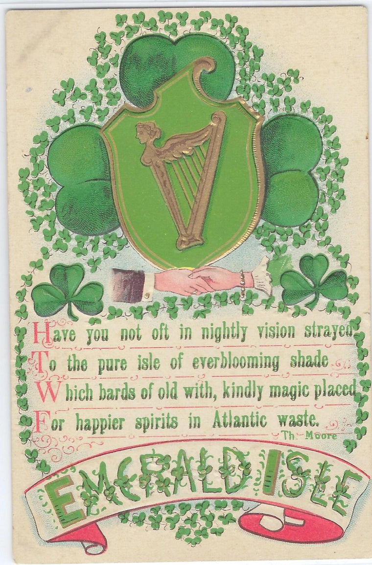 Saint Patrick's Day Postcard Embossed Emerald Isle Four Leaf Clovers Gold Lady Harp Irish Coat of Arms