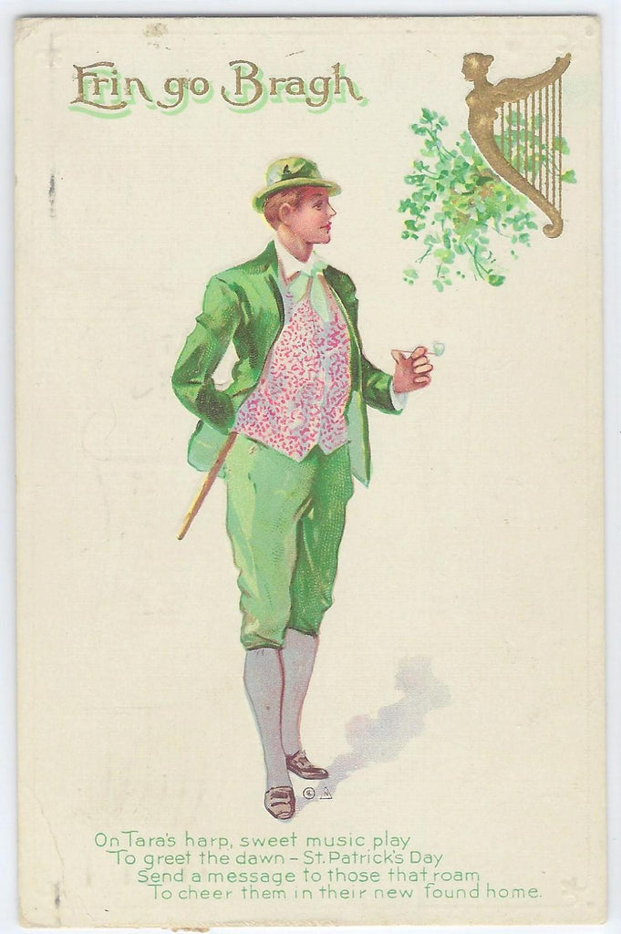 St Patrick's Day Postcard Irish Gentleman in Dapper Suit w/ Pipe Series No 9