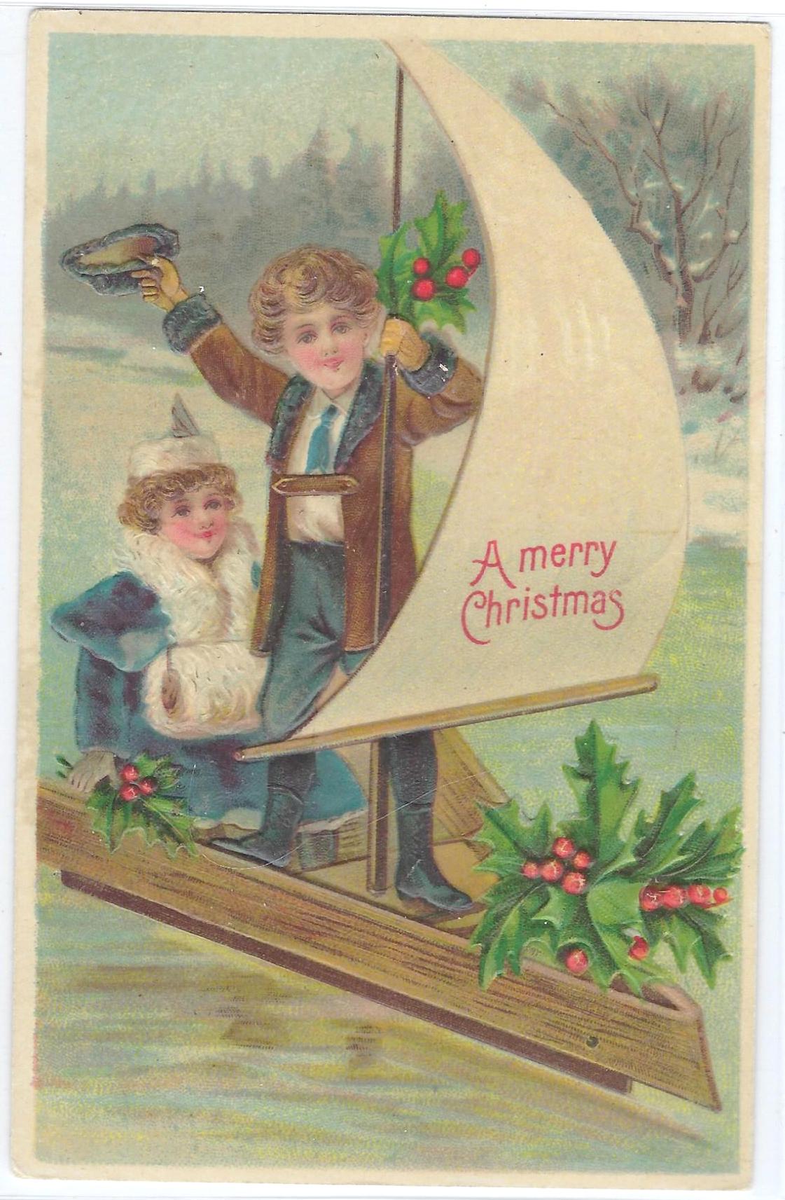 Christmas Postcard Embossed Children in Sailboat B.W. 296