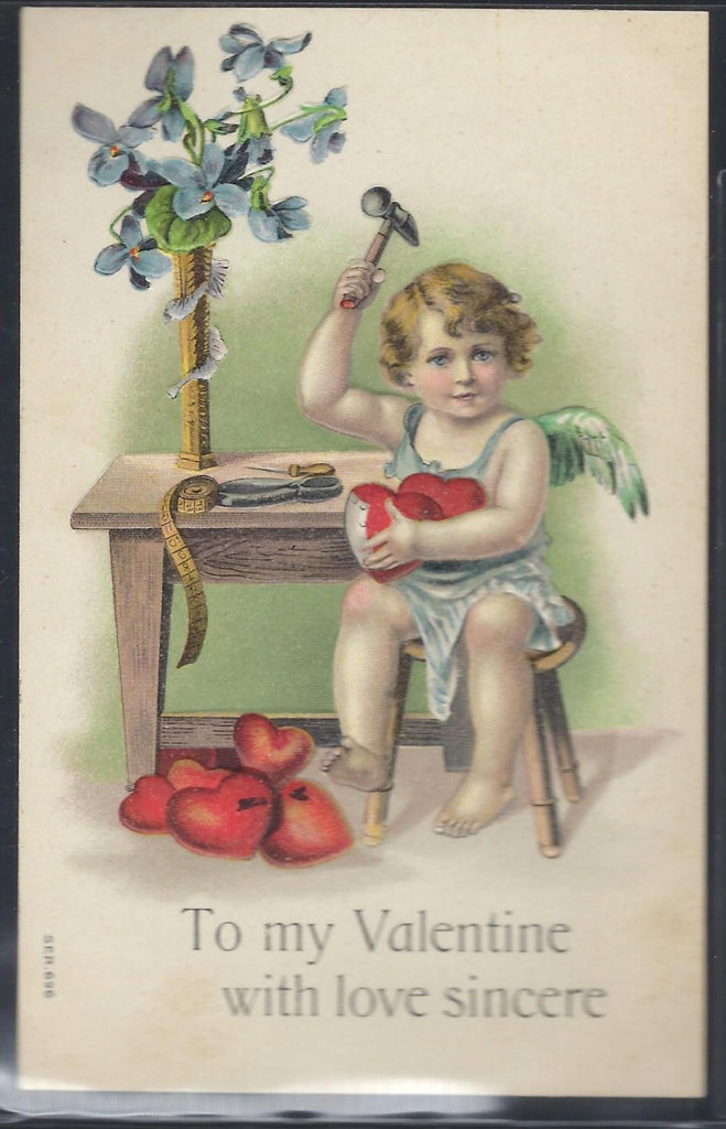 Valentine Postcard Cupid Making Hearts with Hammer