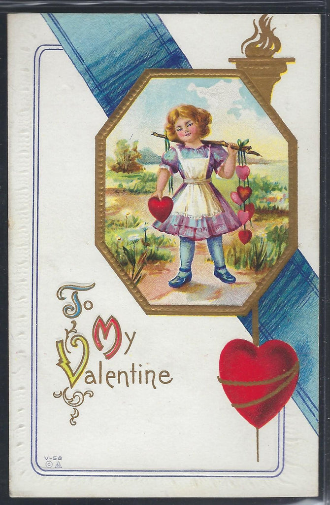 Valentine Postcard Girl Holding Hearts on String Gold Embossed V-58