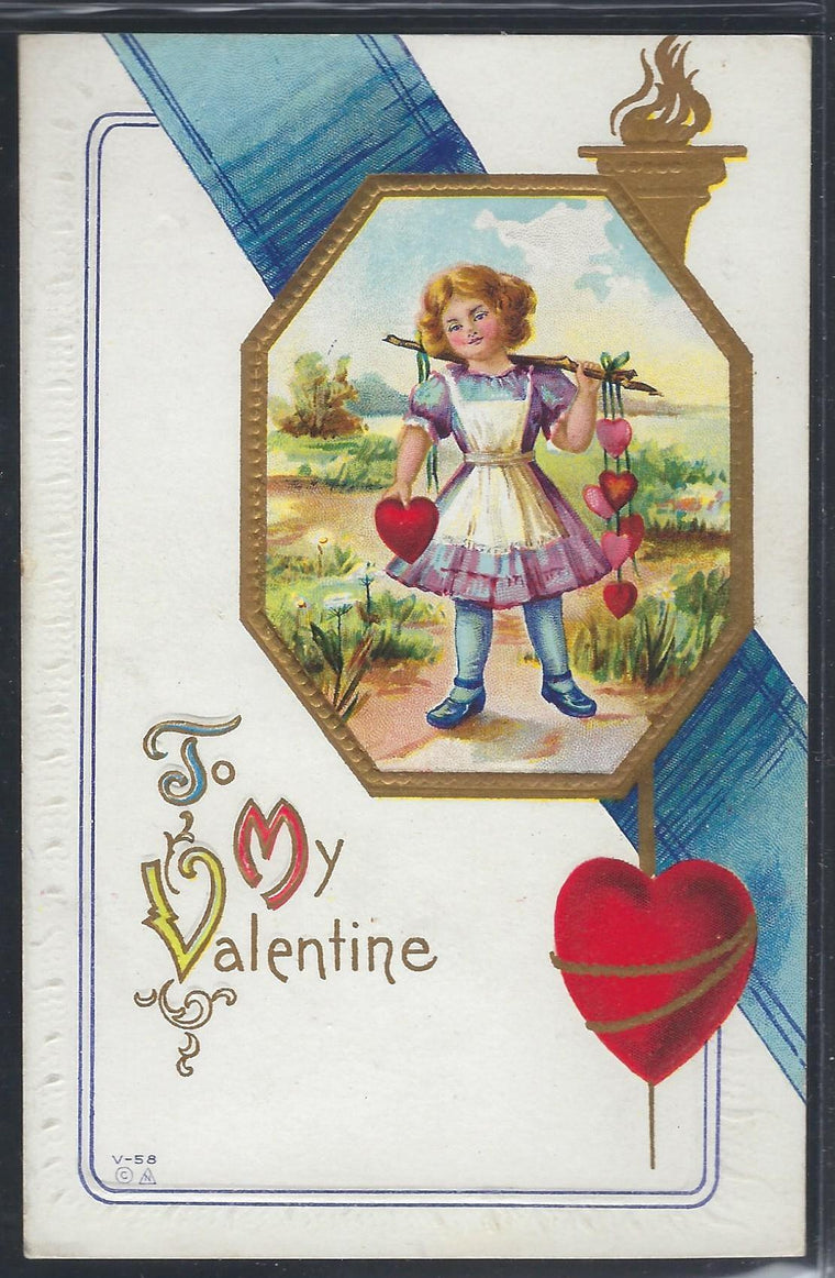 Valentine Postcard Girl Holding Hearts on String Gold Embossed V-58
