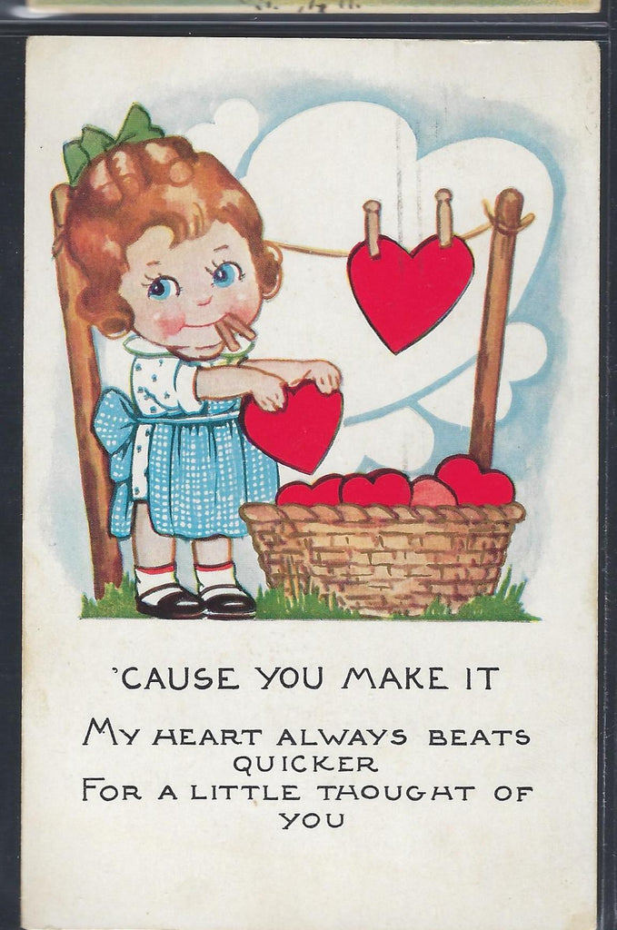 Valentine Postcard Little Girl Hanging Hearts Whitney Publishing