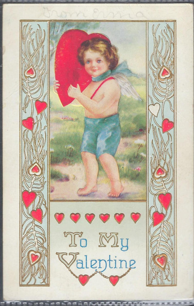Valentine Postcard Cupid Holding Giant Heart Embossed Card