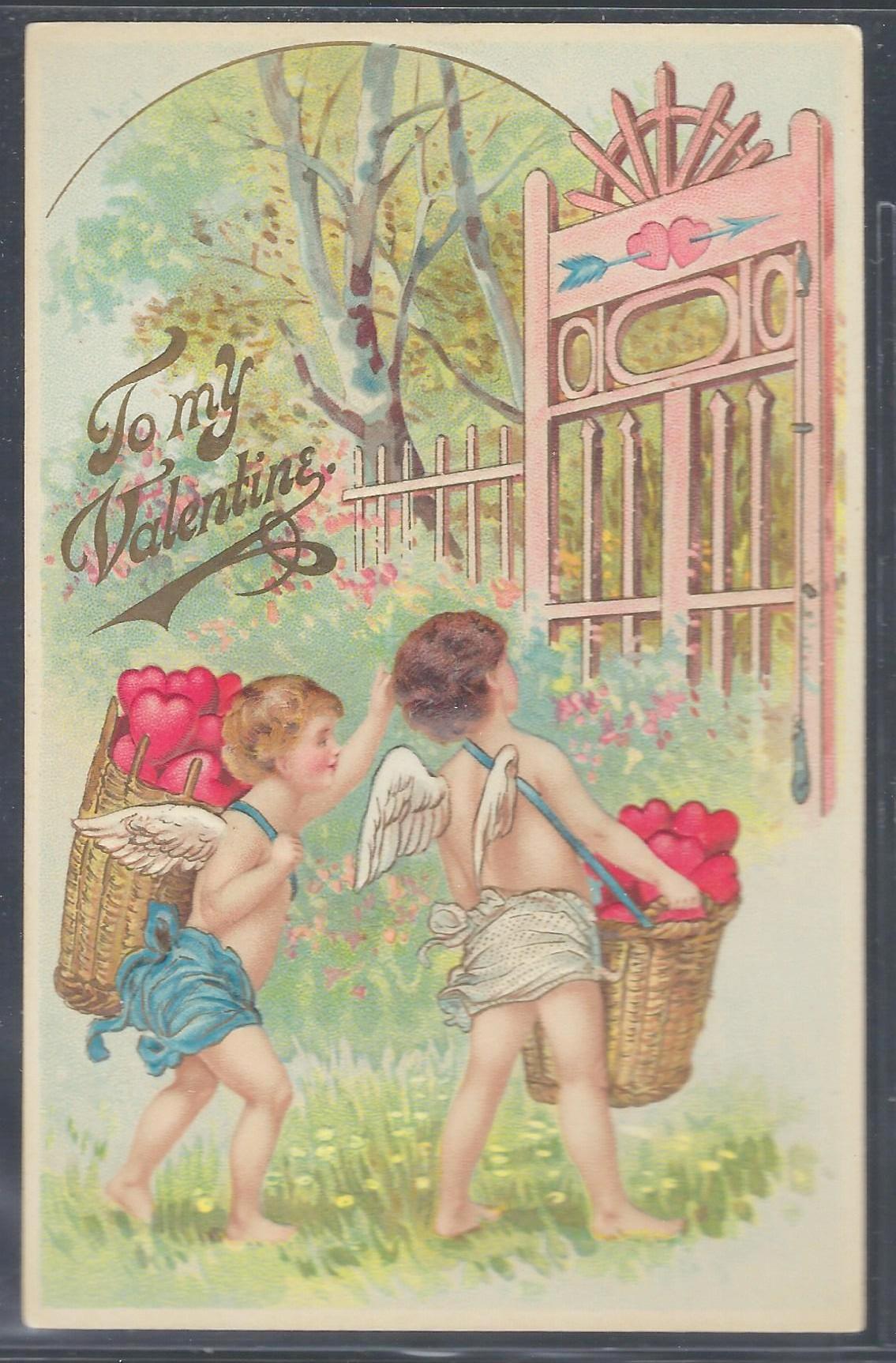 Valentine Postcard Cupids with Heart Filled Baskets at Giant Gate Hand Written Love Poem on Back