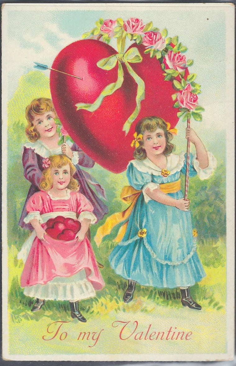 Valentine Postcard Children Holding Giant Heart Embossed Card
