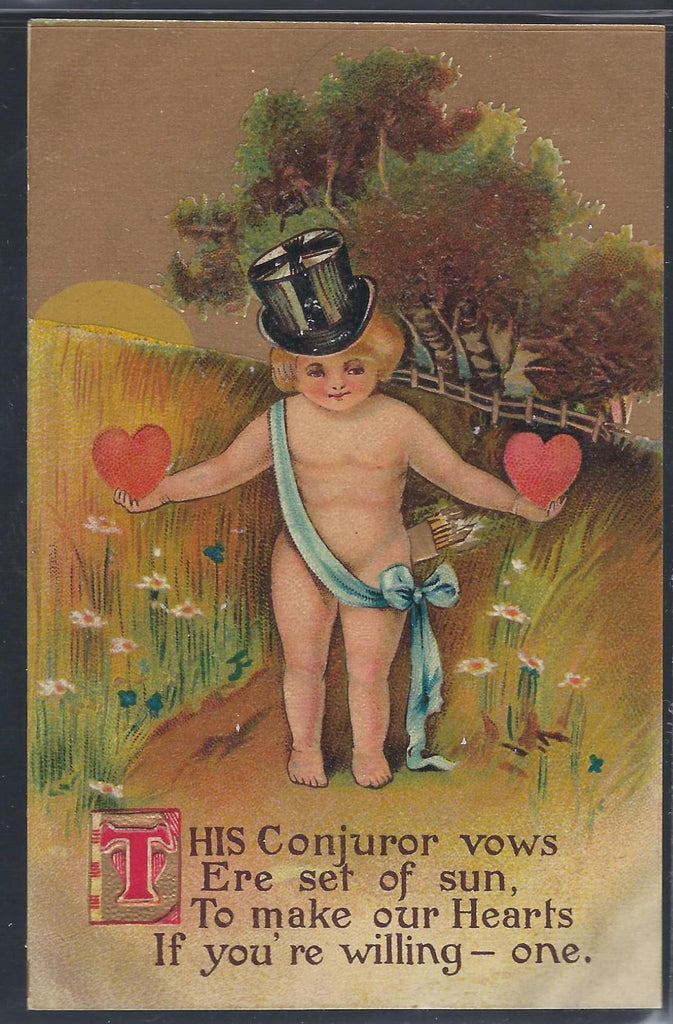 Valentine Postcard Cupid in Top Hat Holding Hearts in Hand Standing on Path in Field