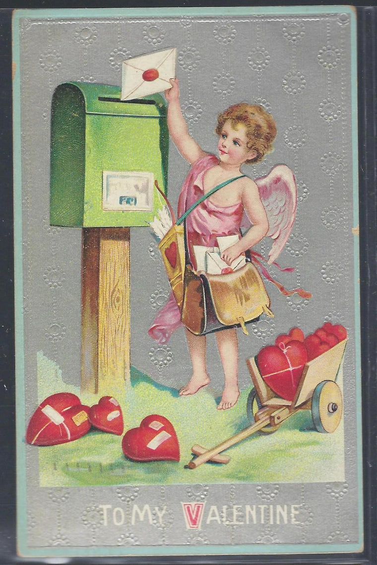 Valentine Postcard Cupid Mailing Letters Silver Embossed Card