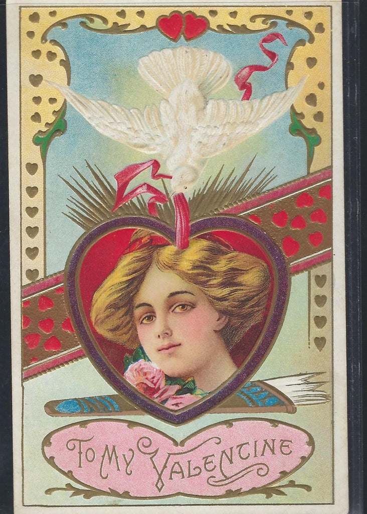 Valentine Postcard Nouveau Woman Portrait in Heart Held by Dove Embossed Gold Series 316