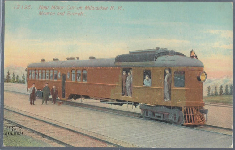 Everett WA Postcard Train New Motor Car Interurban on the Milwaukee R.R. Road 1900s Post Card