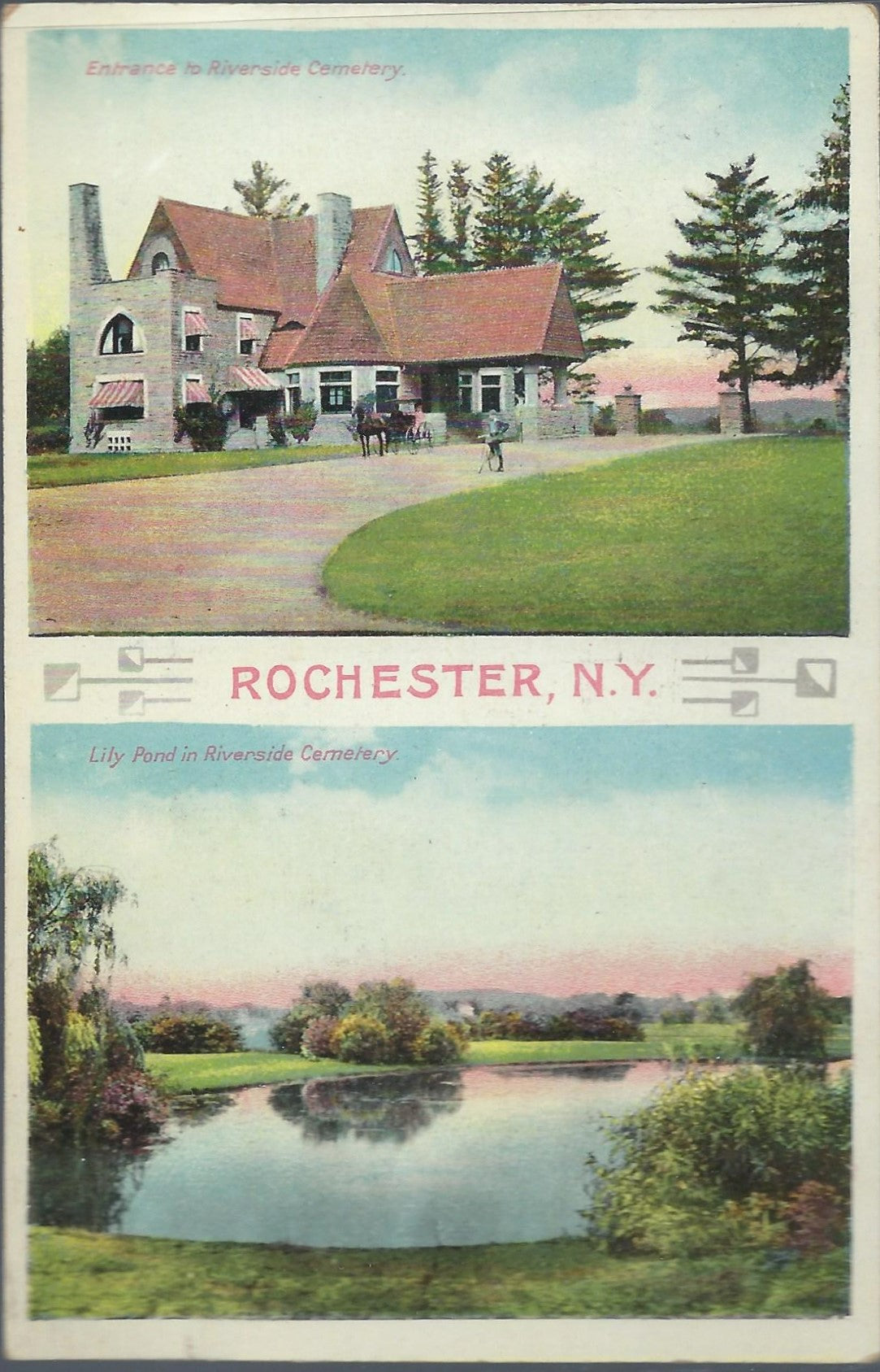 1909 Rochester NY Postcard Riverside Cemetery Lily Pond & Entrance
