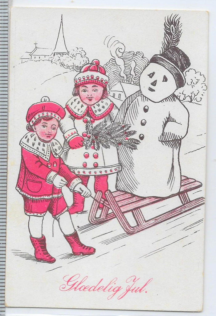 New Year Postcard Snowman with Children Red Black White Theme Glædelig Jul Danish Happy New Year