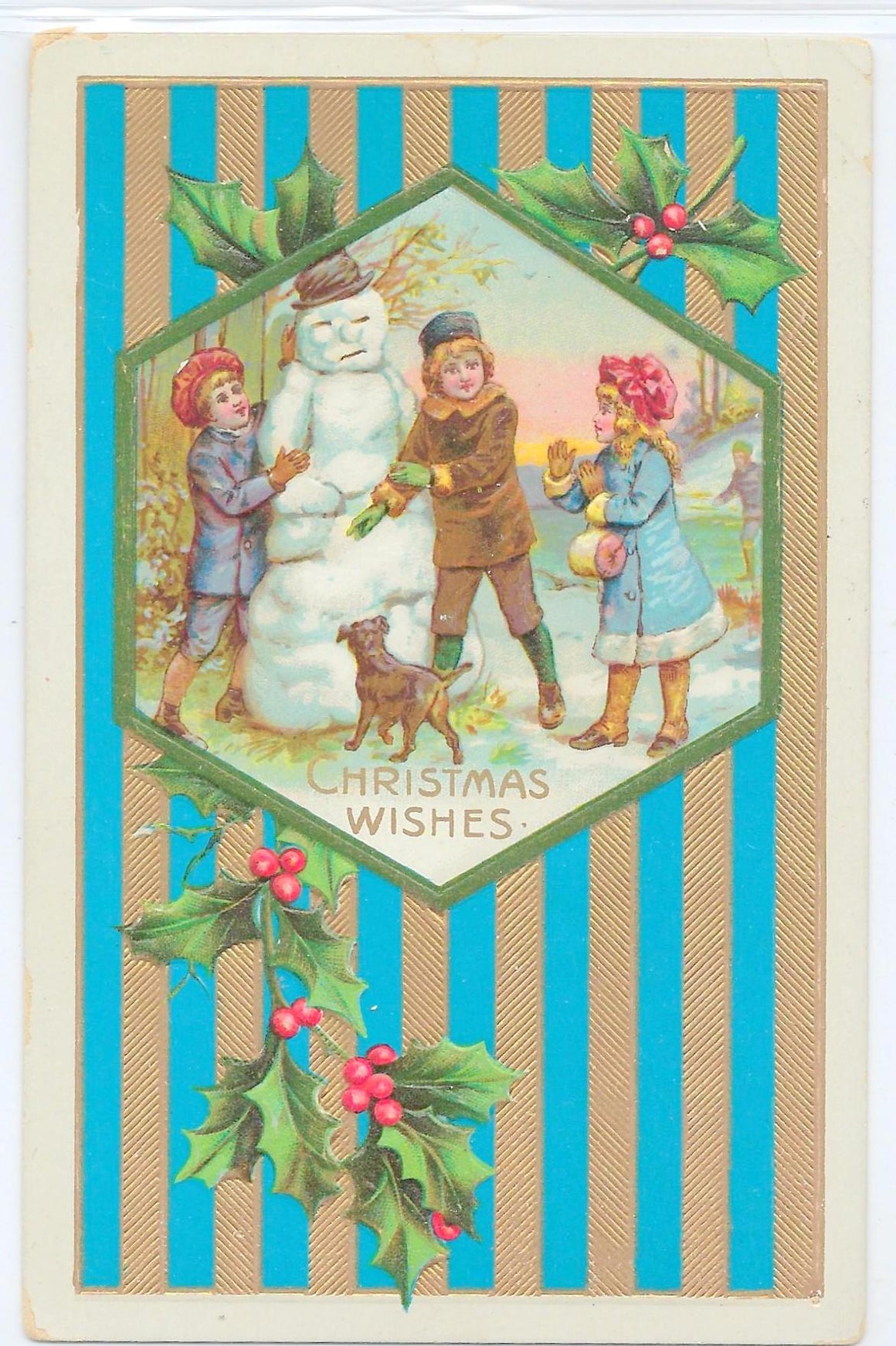 Christmas Postcard Snowman with Children Gold Striped Embossed Card Printed in Germany