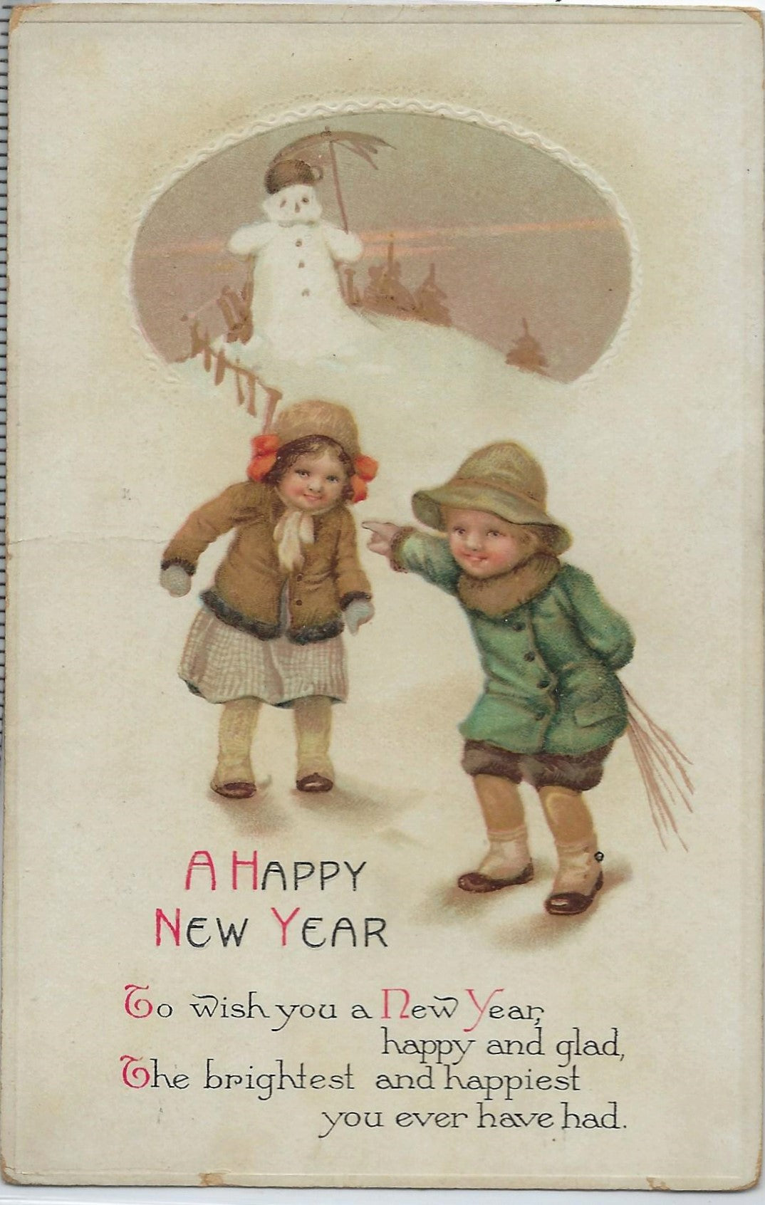 New Year Postcard Children Playing in Snow Near Snowman Series 4669