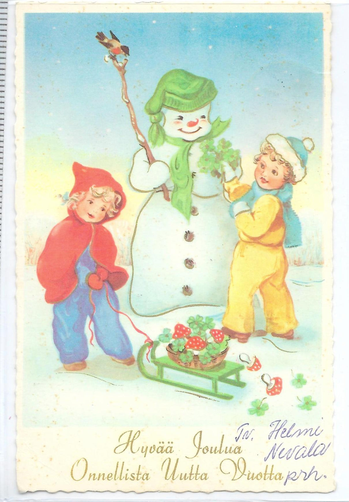 Christmas Postcard Children with Snowman Series 2160 Mid Century Holiday Card Saw Tooth Border