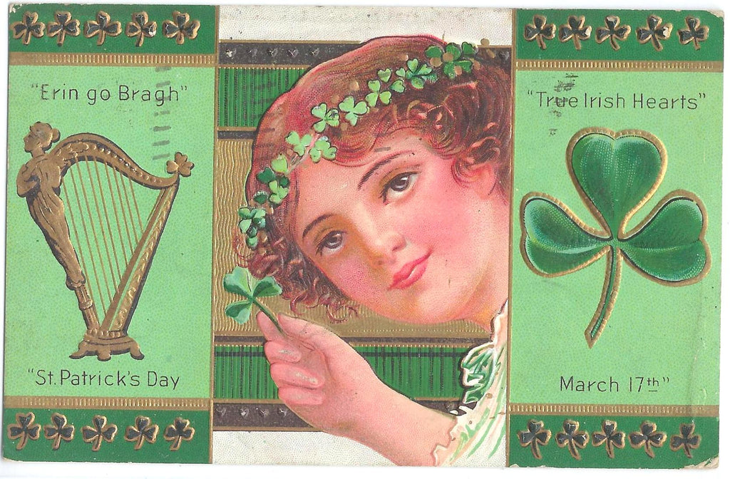 St Patrick's Day Postcard Gold Embossed Woman with Clover Headband Harp and Shamrock No 3