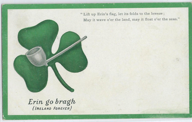 St Patrick's Day Postcard Silver Pipe Over Large Shamrock with Irish Poem Erin Go Bragh Early Undivided Back 1907