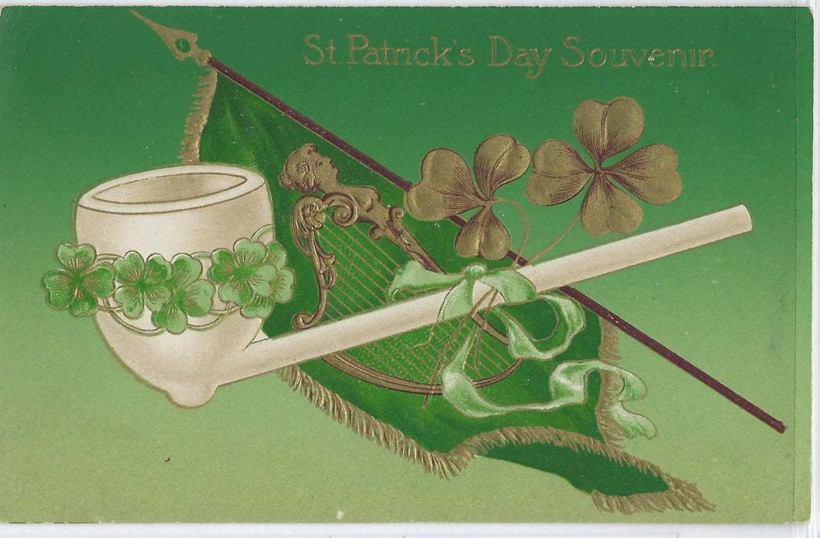 St Patrick's Day Postcard Gold Embossed White Pipe with Shamrock Clover Over Irish Flag John Winsch Publishing