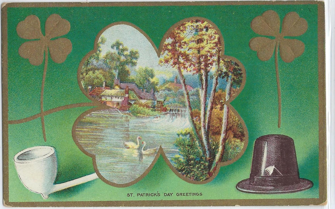 St Patrick's Day Postcard Gold Embossed Card Erin Country Landscape Scene with Birds and Pond in Ireland Pipe & Shamrocks Chocolate Adv