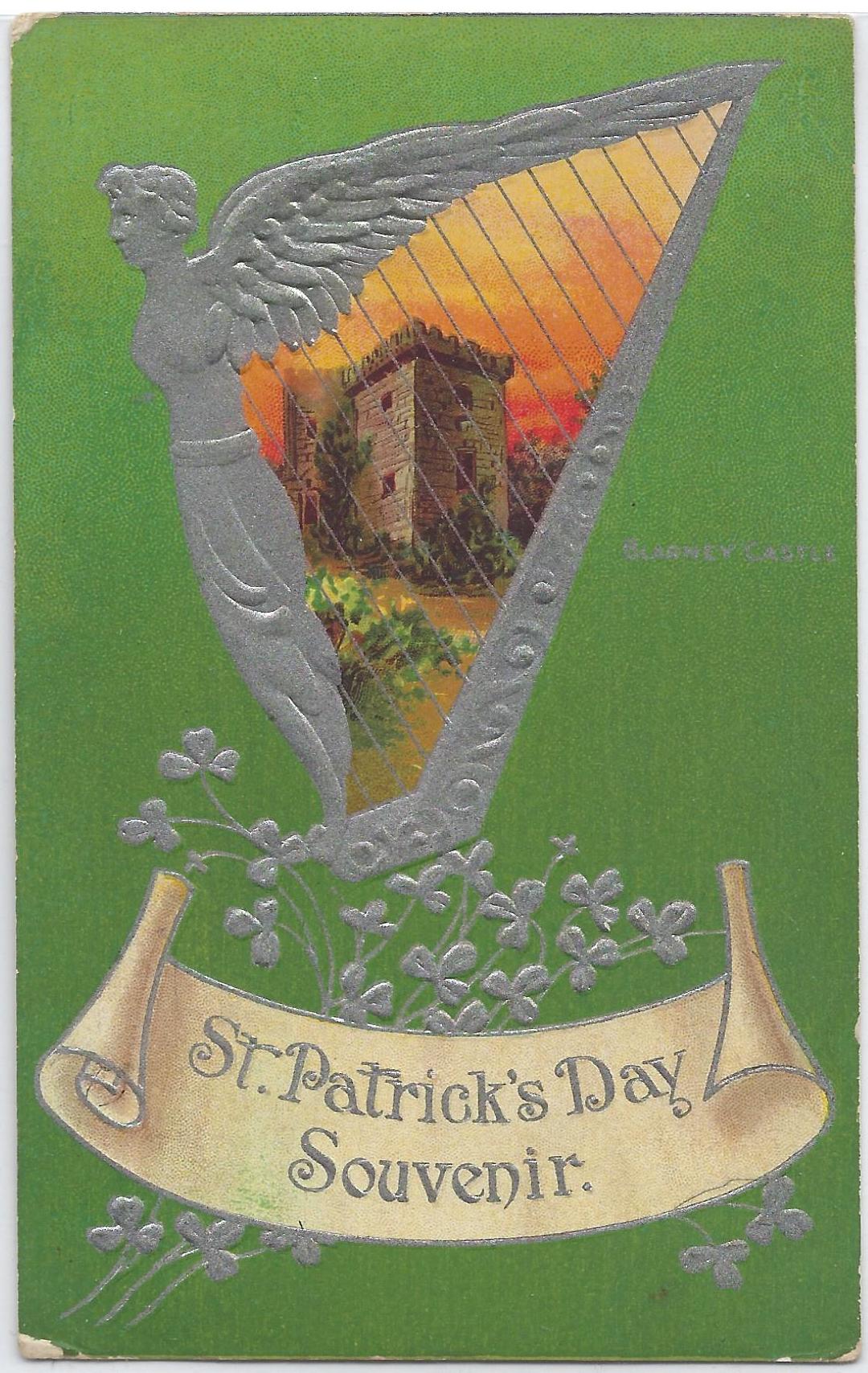 St Patrick's Day Postcard Silver Embossed Card Blarney Stone Castle in Silver Woman Harp Series 355