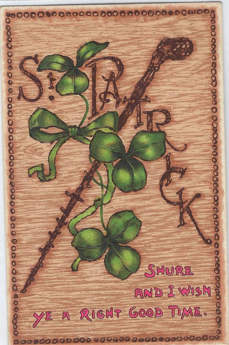 St Patrick's Day Postcard Embossed Card Raphael Tuck Publishing Series 1020 Walking Cane w/ Shamrock