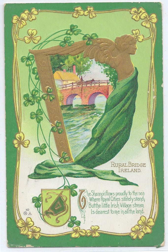 St Patrick's Day Postcard Gold Embossed Card Ireland Bridge Image in Harp with Irish Flag