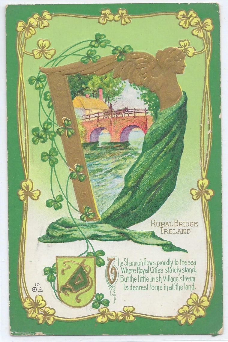 St Patrick's Day Postcard Gold Embossed Card Ireland Bridge Image in Harp with Irish Flag