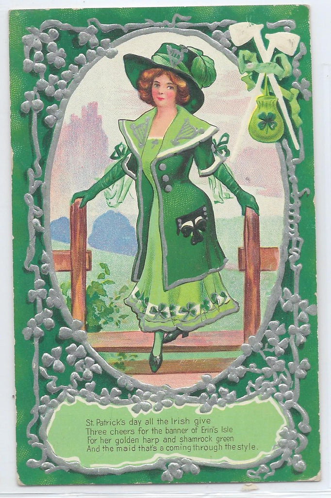 St Patrick's Day Postcard Silver Embossed Card Irish Woman in Green White Pipes Pot of Gold in Corner No 3