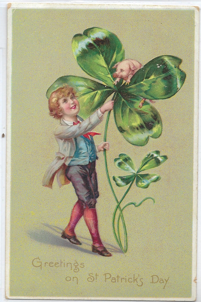 St Patricks Day Postcard Little Boy Holding Giant Four Leaf Clover Tuck Publishing Series 106