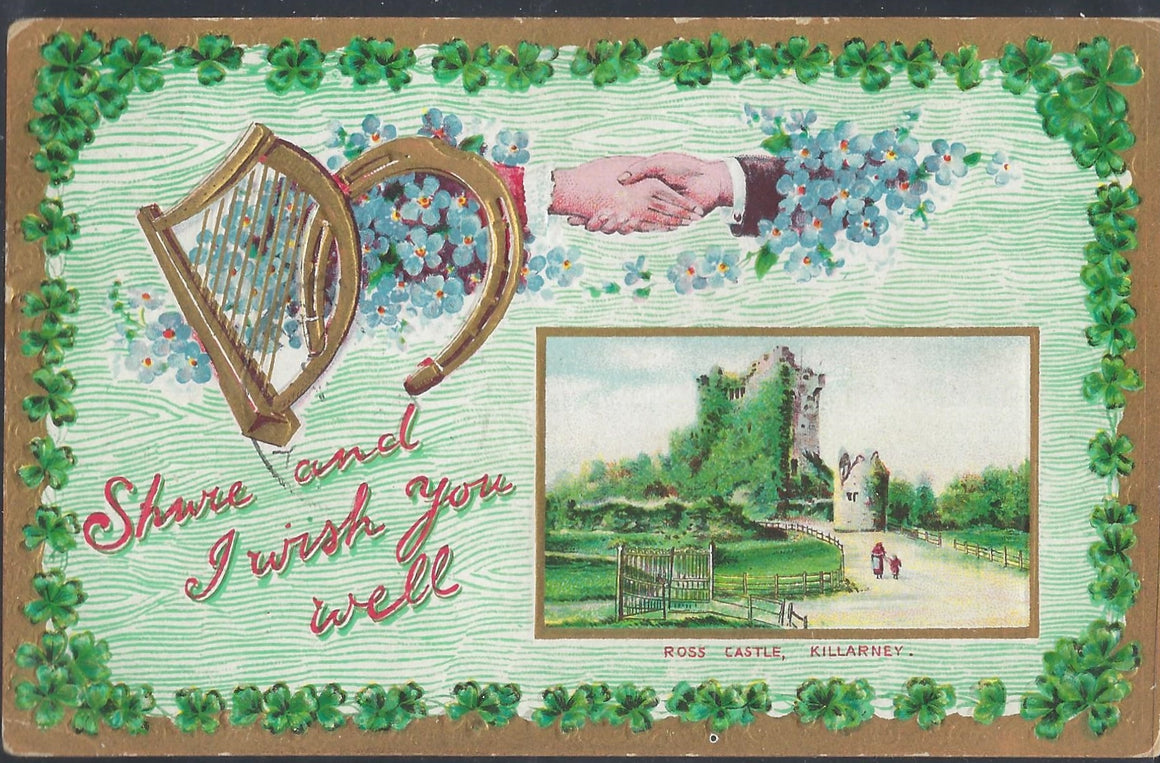 St Patricks Day Postcard Gold Embossed Ross Castle Killarney Series 2092
