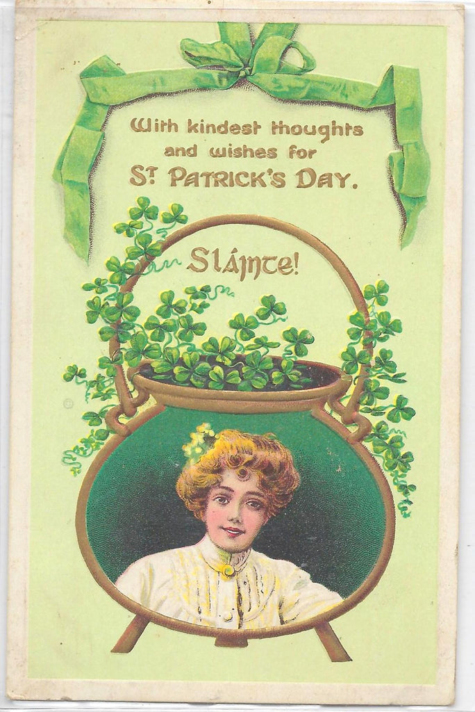 Saint Patrick's Day Postcard Portrait of Lady in Giant Gold Embossed Pot Filled with Green Clover Series 742