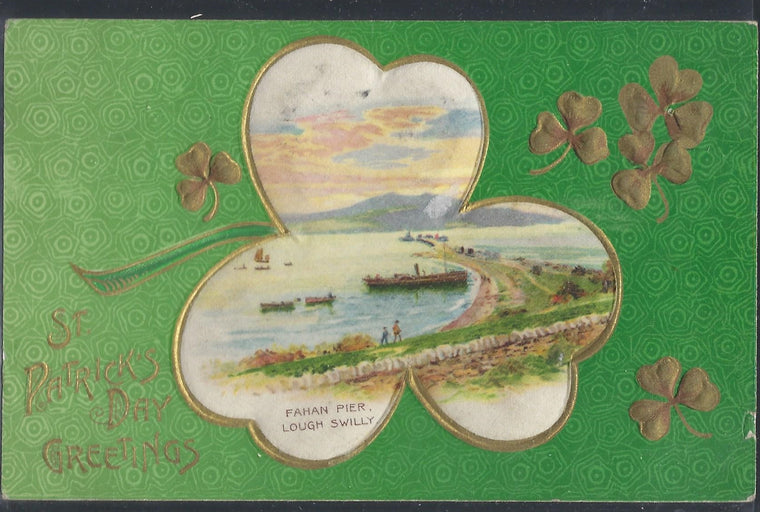 St Patricks Day Postcard Silk Four Leaf Clover John Winsch Publishing Gold Embossed Fahan Pier Lough Swilly