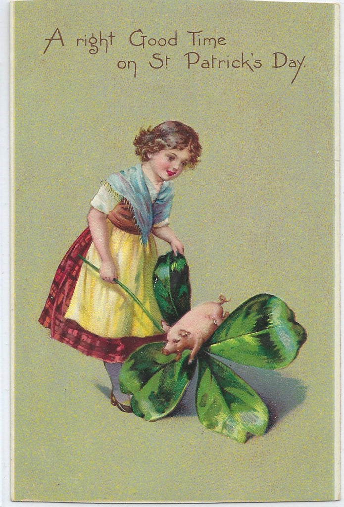 St Patricks Day Postcard Little Girl Holding Giant Four Leaf Clover with Baby Pig Tuck Publishing Series 106