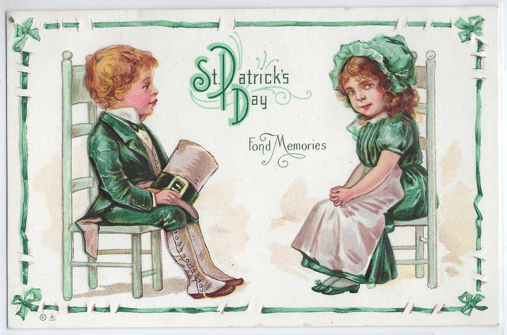 St Patricks Day Postcard Embossed Two Children Seated in Green Series 14 Best Memories