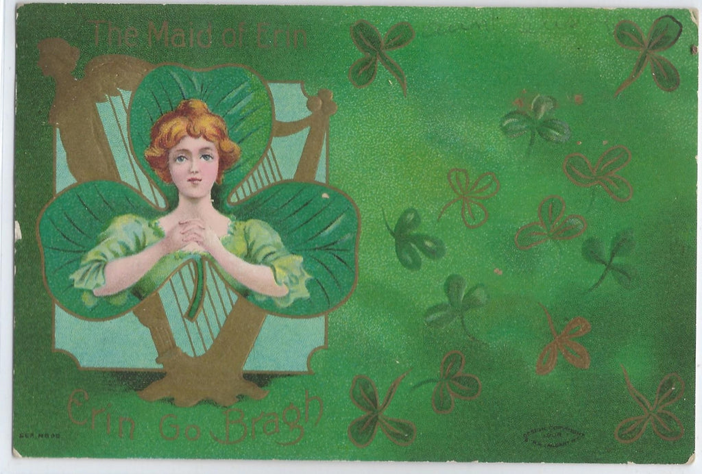 St Patrick Day Postcard Irish Beauty in Green Card Embossed with Clover and Gold Highlights