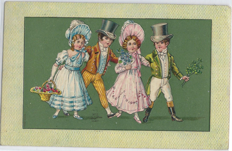 Saint Patrick's Day Postcard Embossed with Children Bonne Lasses and Gentlemen Dressed Up