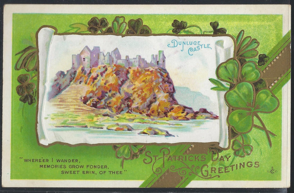 St Patricks Day Postcard Dunluce Castle Gold Embossed Card
