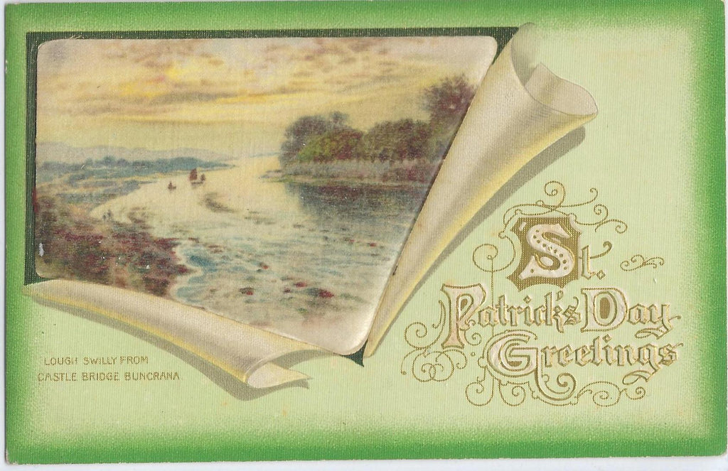 Saint Patrick's Day Postcard Gold Embossed Card Silk Landscape of Ireland Page Style John Winsch Publishing