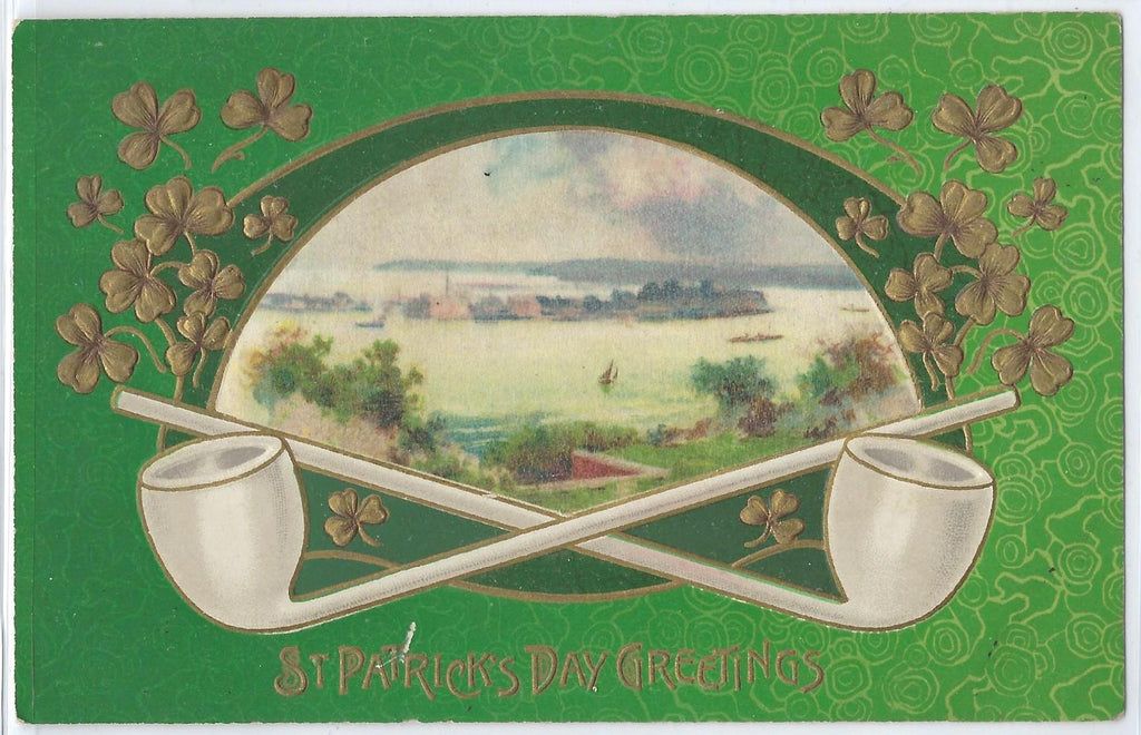 Saint Patrick's Day Postcard Gold Embossed Card Silk Landscape of Ireland Two White Pipes John Winsch Publishing
