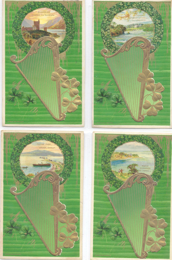 St Patrick's Day Postcard SET of Four (4) Mechanical John Winsch Publishing Ireland Landscape Scenes Golden Harp & Gold Embossing