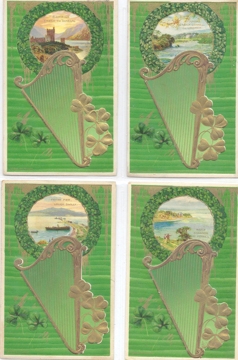 St Patrick's Day Postcard SET of Four (4) Mechanical John Winsch Publishing Ireland Landscape Scenes Golden Harp & Gold Embossing